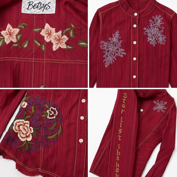 Y2K Betsys embroidered boho western floral mandarin collar shirt raw WS48 - Picture 5 of 5
